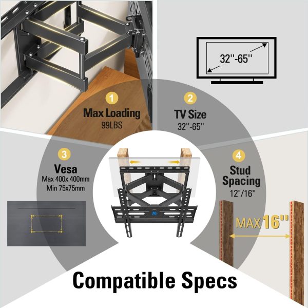 Mounting Dream TV Wall Mount for 32-65 Inch TV, TV Mount with Swivel and Tilt, Full Motion TV Bracket with Articulating Dual Arms, Fits 16inch Studs, Max VESA 400X400 mm, 99lbs, MD2380 - Image 7