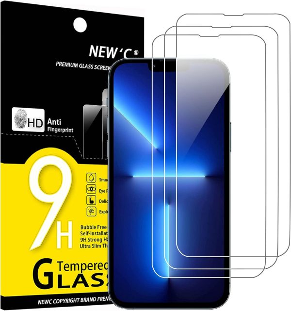 NEW'C 3 Pack Designed for iPhone 14, 13, 13 Pro (6.1") Screen Protector Tempered Glass, Case Friendly Anti Scratch Bubble Free Ultra Resistant