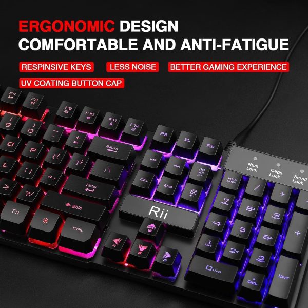 Rii RK100+ Multiple Color Rainbow LED Backlit Large Size USB Wired Mechanical Feeling Multimedia PC Gaming Keyboard,Office Keyboard for Working or Primer Gaming,Office Device - Image 2