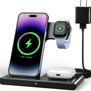 Wireless Charger iPhone Charging Station: 3 in 1 Charger Stand Multiple Devices for Apple - iPhone 16 15 14 Pro Max 13 12 11 - Watch 10 9 8 7 6 5 4 3 2 SE and Ultra Series - Airpods 4 3 2 Pro